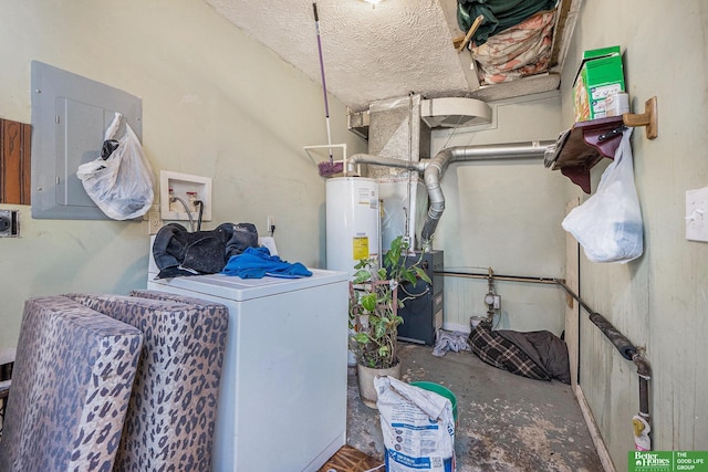 laundry room featuring electric panel, washer / clothes dryer, laundry area, and water heater