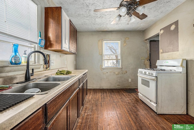 kitchen featuring white gas range, dark wood finished floors, light countertops, and a sink