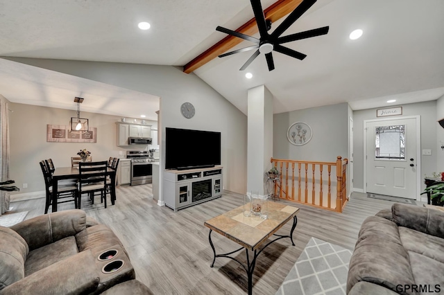 living room featuring baseboards, recessed lighting, vaulted ceiling with beams, and light wood-style floors