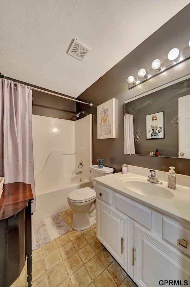 bathroom with visible vents, toilet, a textured ceiling, bathing tub / shower combination, and vanity