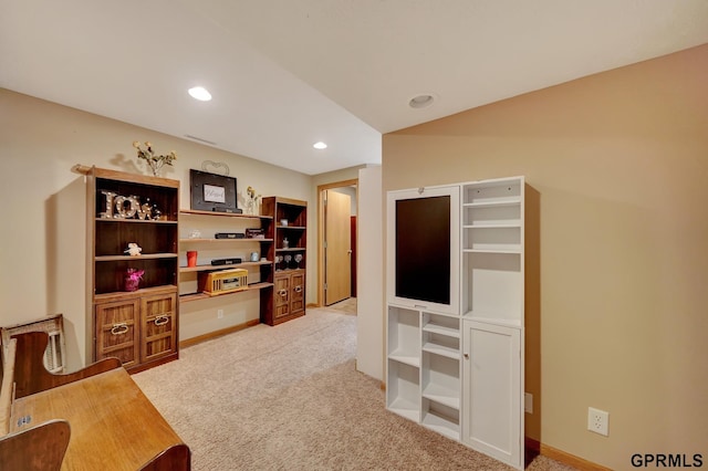 home office with recessed lighting, baseboards, and light carpet