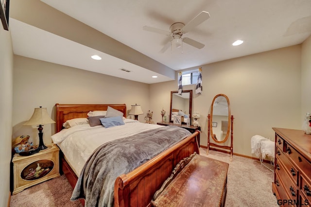 bedroom featuring baseboards, visible vents, recessed lighting, ceiling fan, and light colored carpet