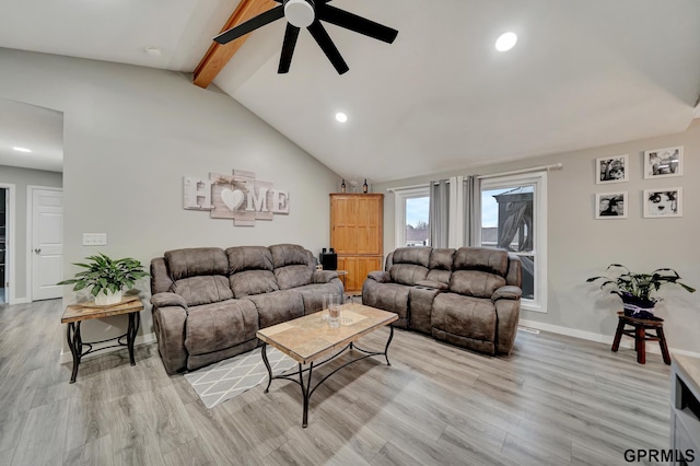 living room featuring vaulted ceiling with beams, baseboards, ceiling fan, recessed lighting, and light wood-style floors