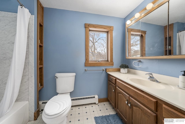 full bath with tile patterned floors, toilet, vanity, and a baseboard radiator