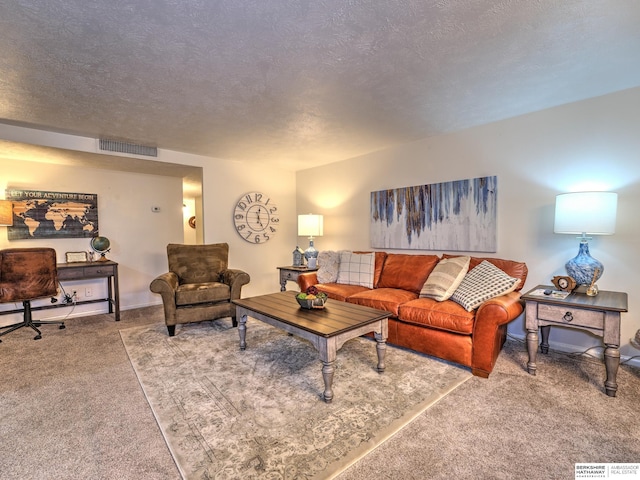 carpeted living area featuring visible vents and a textured ceiling