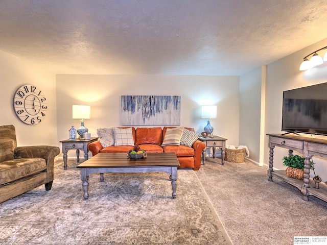 living room with carpet flooring, baseboards, and a textured ceiling