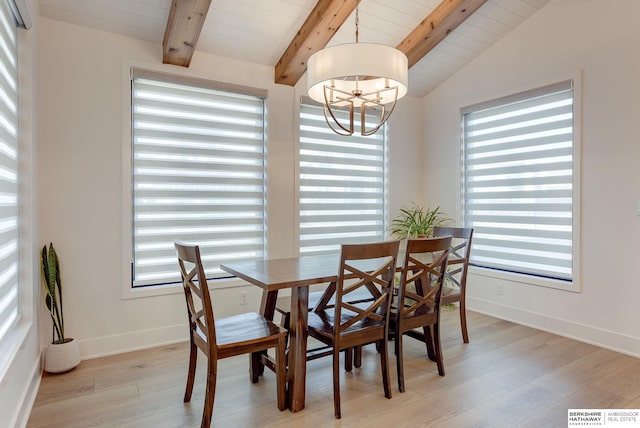 dining area featuring vaulted ceiling with beams, baseboards, a chandelier, wooden ceiling, and light wood-style floors