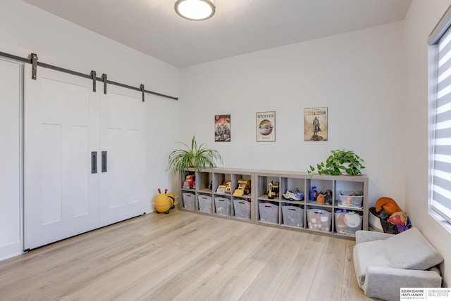 recreation room with a barn door and wood finished floors