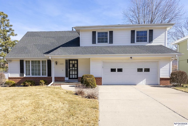 view of front of house featuring concrete driveway, an attached garage, brick siding, and roof with shingles