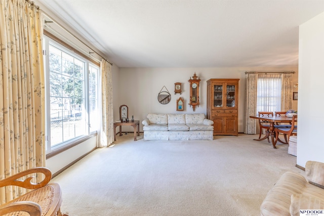 living area with light colored carpet