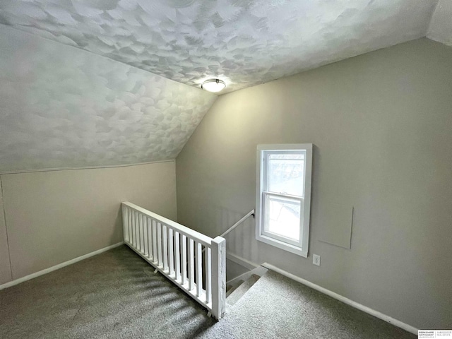 additional living space with baseboards, a textured ceiling, carpet floors, and vaulted ceiling