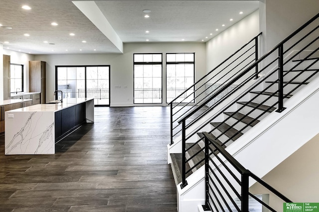 interior space featuring a large island with sink, a sink, dark wood-type flooring, modern cabinets, and open floor plan