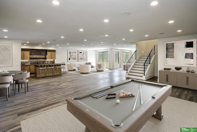 game room featuring billiards, wood finished floors, and recessed lighting