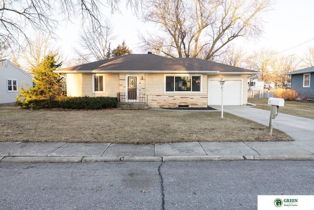 ranch-style house featuring concrete driveway, an attached garage, stone siding, and a shingled roof