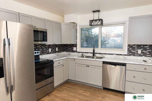 kitchen featuring a sink, light wood finished floors, backsplash, and stainless steel appliances