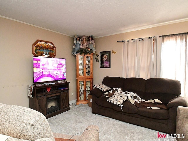 carpeted living room with a glass covered fireplace and crown molding