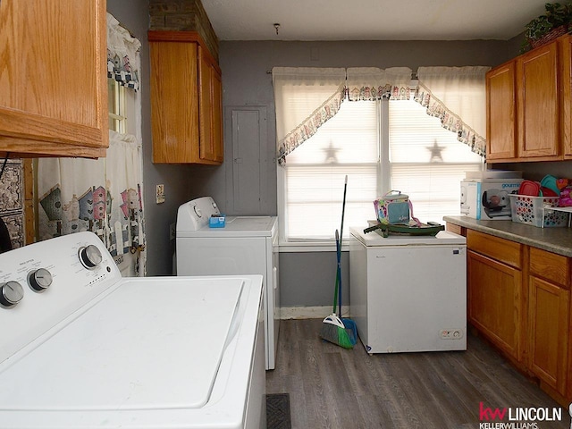 washroom featuring cabinet space, washing machine and dryer, and dark wood-type flooring