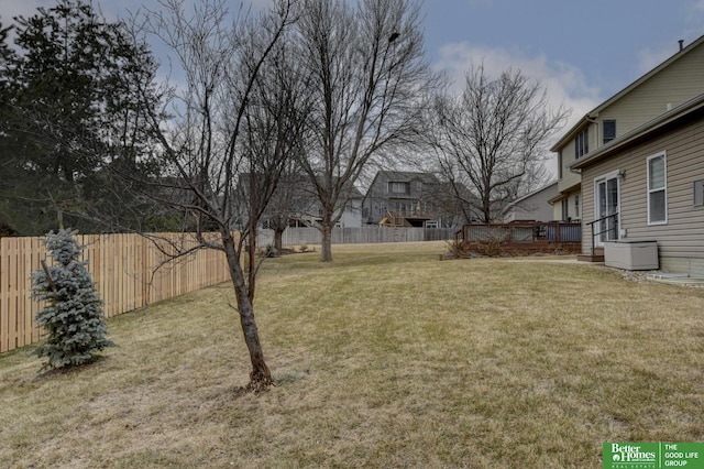 view of yard featuring a wooden deck and a fenced backyard