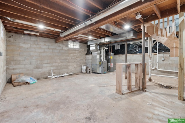 basement with heating unit and electric water heater