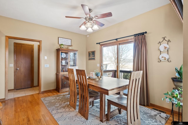 dining space with a ceiling fan, visible vents, baseboards, and light wood-type flooring