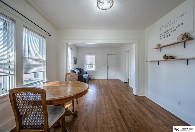 dining room with visible vents, dark wood-style floors, and baseboards