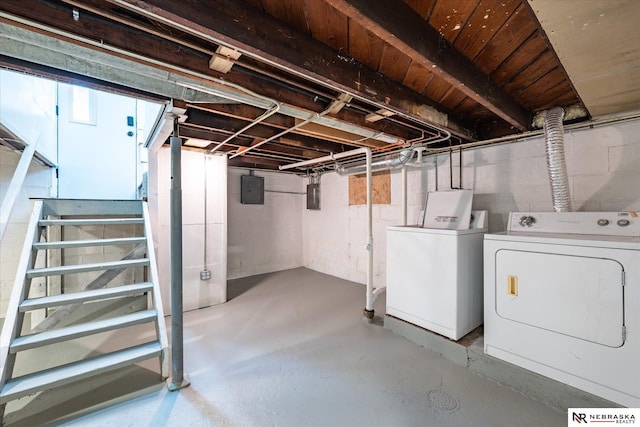 unfinished below grade area with electric panel and washing machine and dryer