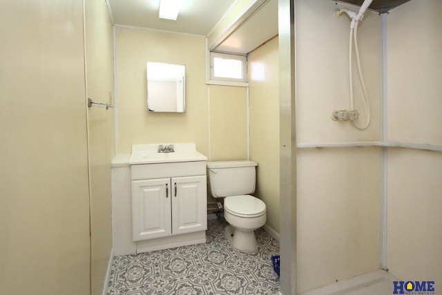 full bathroom with toilet, walk in shower, and vanity