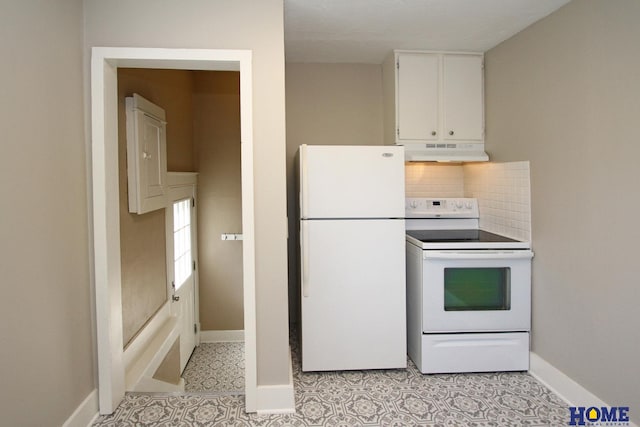 kitchen with under cabinet range hood, baseboards, white appliances, and white cabinetry