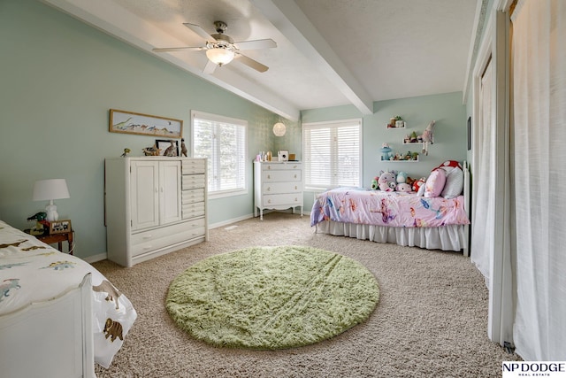 bedroom featuring ceiling fan, lofted ceiling with beams, baseboards, and light carpet