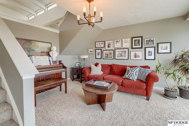 living room featuring a notable chandelier, baseboards, and carpet floors