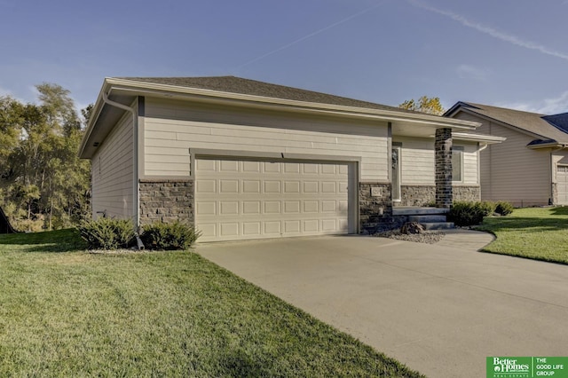 view of front of house with stone siding, an attached garage, driveway, and a front yard