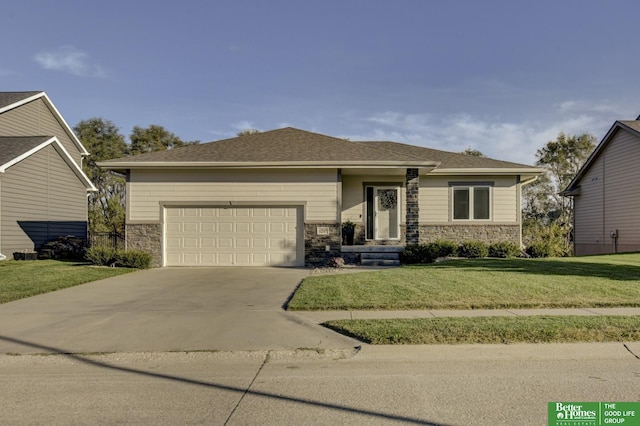 view of front of home featuring a front lawn, an attached garage, concrete driveway, and stone siding