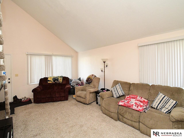 living room with carpet flooring and high vaulted ceiling