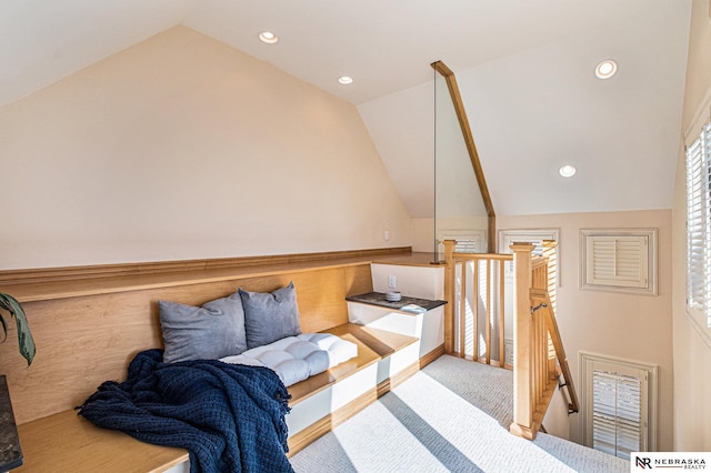 bedroom with recessed lighting, carpet, and vaulted ceiling