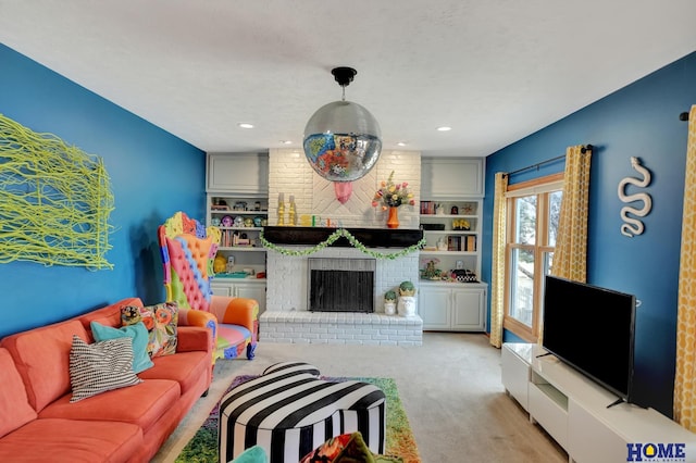 living area with built in features, recessed lighting, a brick fireplace, and light colored carpet