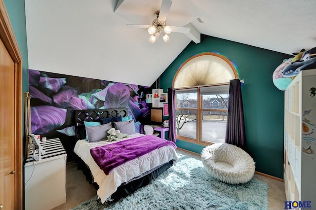 bedroom with carpet flooring, lofted ceiling with beams, and a ceiling fan