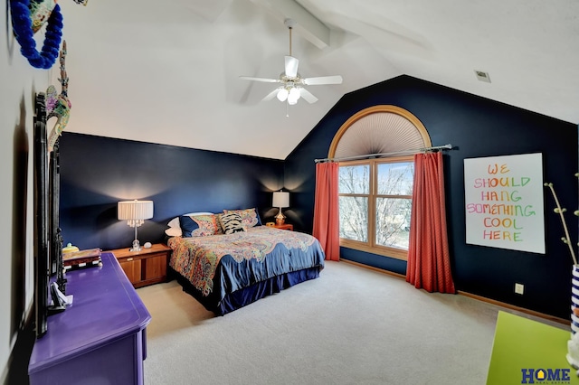 bedroom featuring a ceiling fan, carpet, visible vents, baseboards, and vaulted ceiling with beams