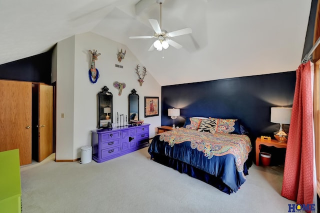 carpeted bedroom with baseboards, high vaulted ceiling, and a ceiling fan