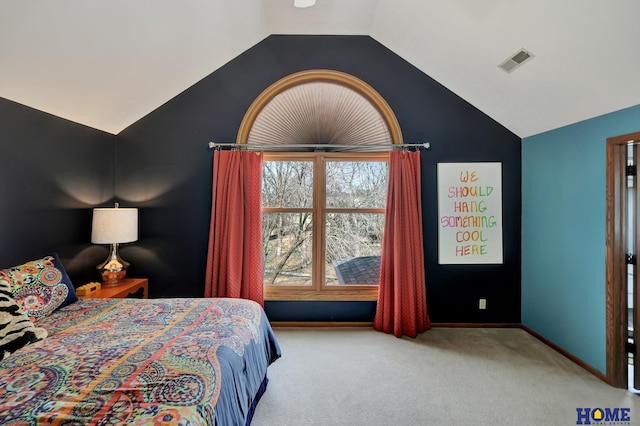 bedroom featuring vaulted ceiling, carpet, visible vents, and baseboards