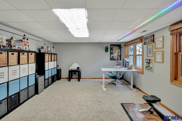 office area with a drop ceiling, baseboards, and carpet