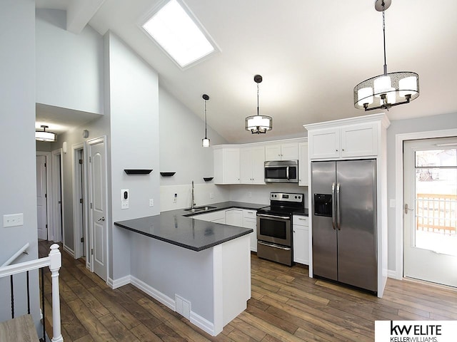 kitchen featuring a sink, dark countertops, white cabinetry, appliances with stainless steel finishes, and a peninsula