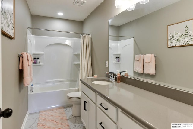 full bathroom featuring visible vents, toilet, shower / bath combo, marble finish floor, and vanity