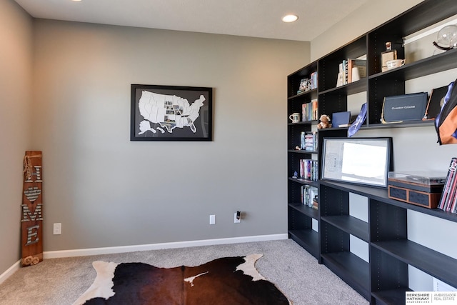 office featuring recessed lighting, carpet, and baseboards