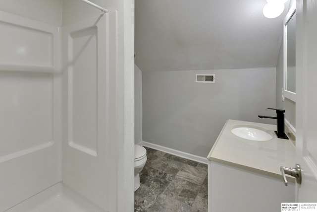 full bathroom featuring visible vents, walk in shower, toilet, lofted ceiling, and vanity