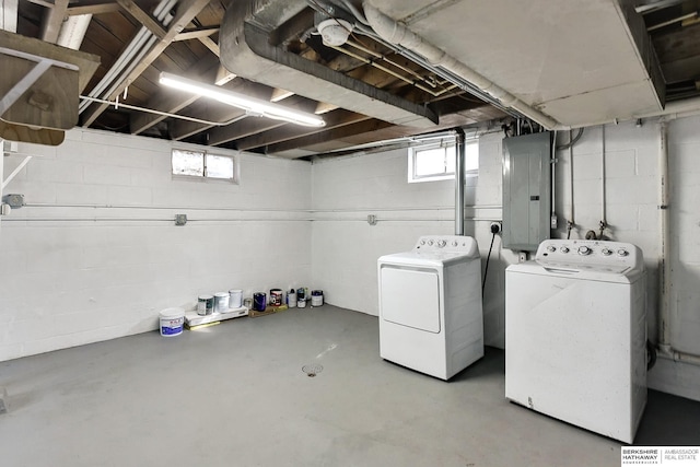 basement featuring electric panel and washing machine and dryer