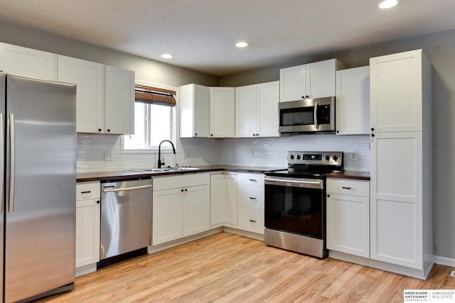 kitchen with a sink, backsplash, light wood-style floors, appliances with stainless steel finishes, and white cabinets