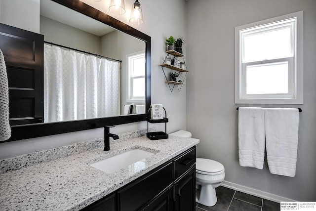 full bath featuring tile patterned floors, toilet, vanity, and baseboards