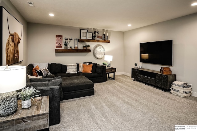 living area featuring recessed lighting, baseboards, and carpet floors