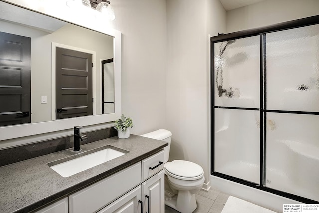 full bath featuring a shower stall, toilet, and vanity