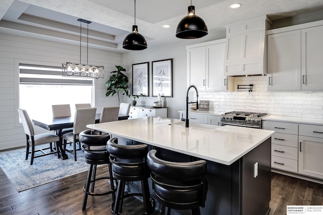 kitchen featuring gas stove, dark wood finished floors, a tray ceiling, a sink, and backsplash